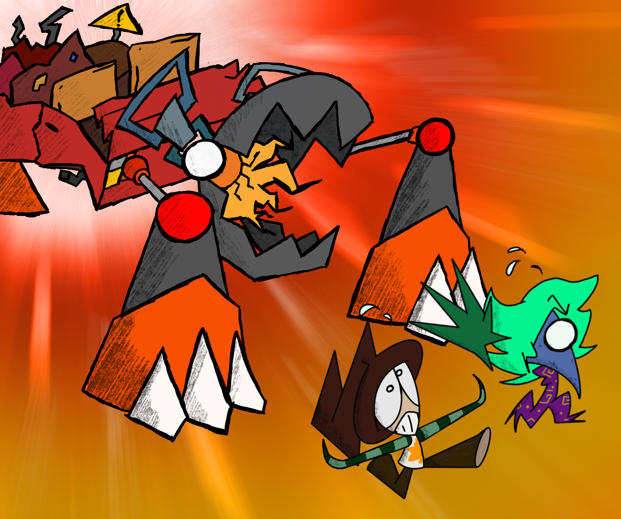 concept of October and Ruby being chased by some mech
